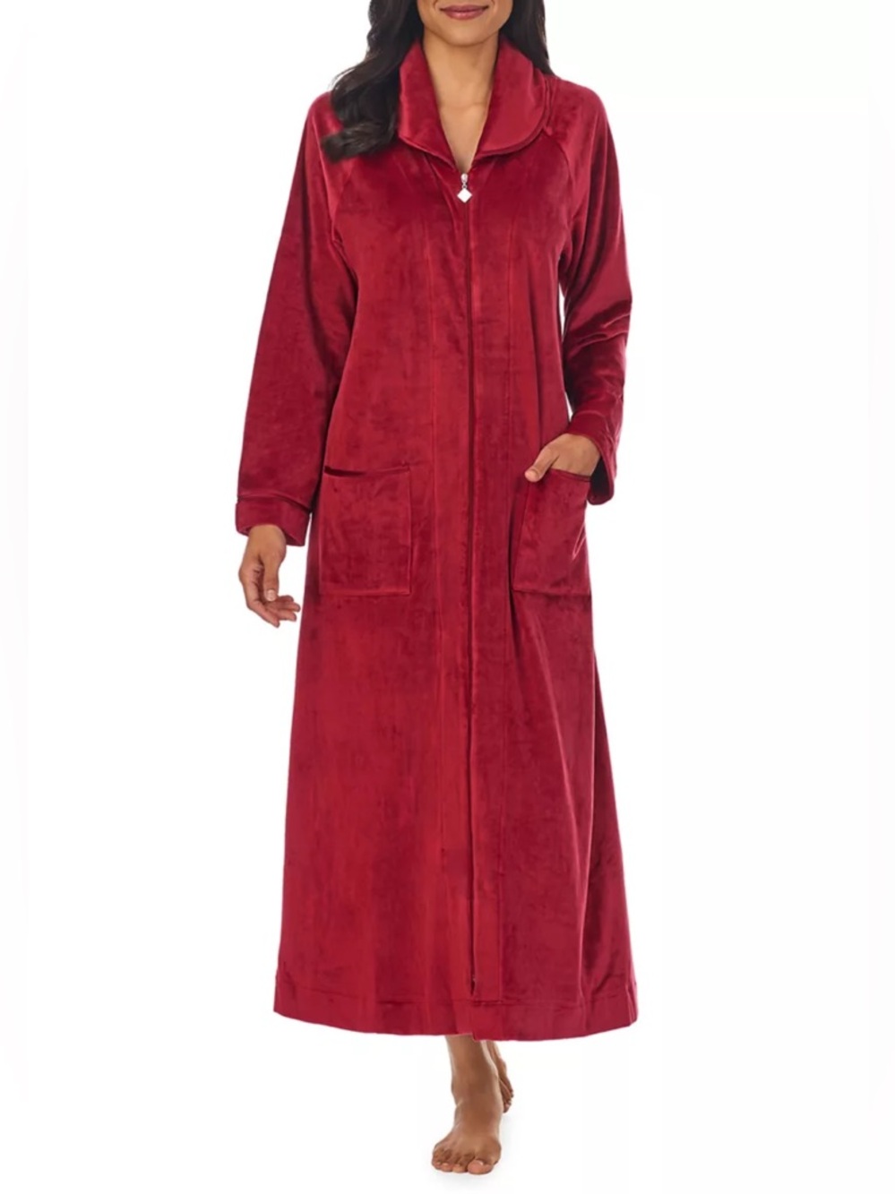 Eileen West Wine Red Velour Long Sleeve Zip Up Loungewear Cozy Robe Size S/M
